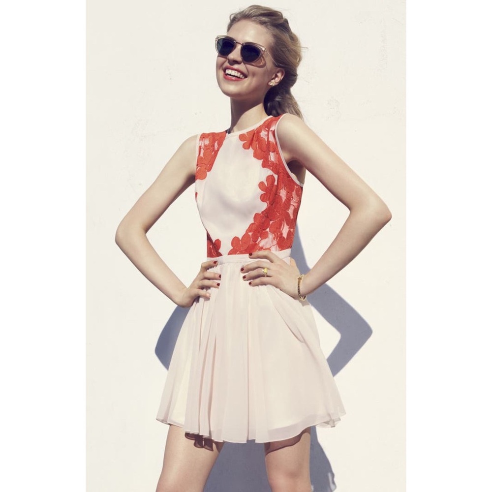 $275 NWOT Ted Baker Vember Neon Lace Blossom Nude Pink Chiffon Dress Size 6